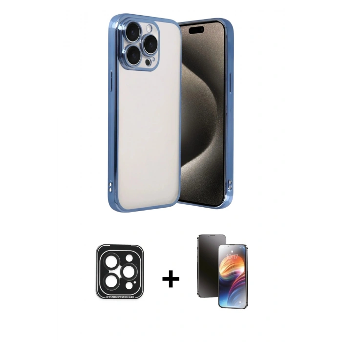 MARSİLYAN™- iPhone 15 Pro Max Kılıf Vadi Minimal - Siyah 3D Antistatik Mat Seramik Nano Ekran Koruyucu + PVD Metal Kamera Lens - SH