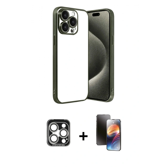 MARSİLYAN™- iPhone 15 Pro Max Kılıf Vadi Minimal - Siyah 3D Antistatik Mat Seramik Nano Ekran Koruyucu + PVD Metal Kamera Lens - GS