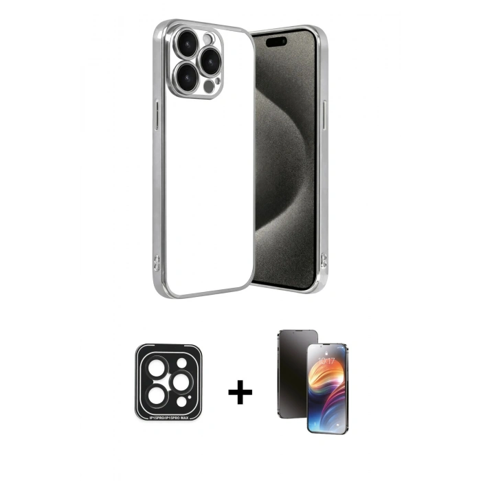 MARSİLYAN™- iPhone 15 Pro Max Kılıf Vadi Minimal - Siyah 3D Antistatik Mat Seramik Nano Ekran Koruyucu + PVD Metal Kamera Lens - SH