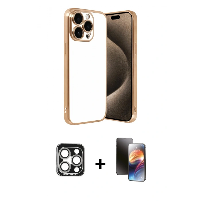 MARSİLYAN™- iPhone 15 Pro Max Kılıf Vadi Minimal - Siyah 3D Antistatik Mat Seramik Nano Ekran Koruyucu + PVD Metal Kamera Lens - GS