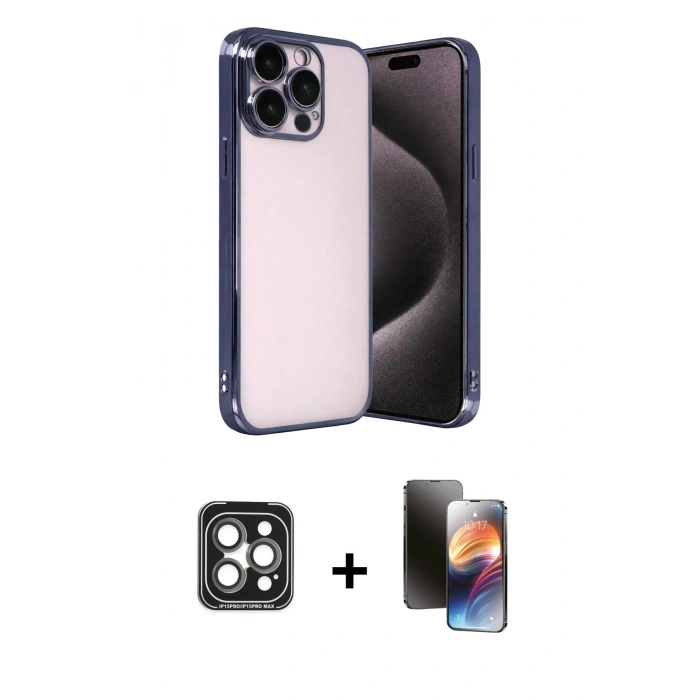 MARSİLYAN™- iPhone 15 Pro Max Kılıf Vadi Minimal - Siyah 3D Antistatik Mat Seramik Nano Ekran Koruyucu + PVD Metal Kamera Lens - GI