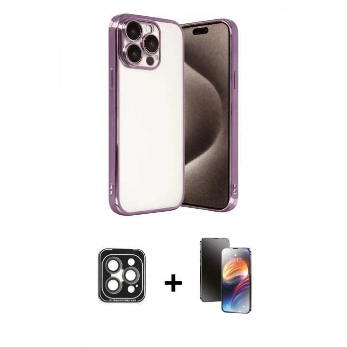 MARSİLYAN™- iPhone 15 Pro Max Kılıf Vadi Minimal - Siyah 3D Antistatik Mat Seramik Nano Ekran Koruyucu + PVD Metal Kamera Lens - GI