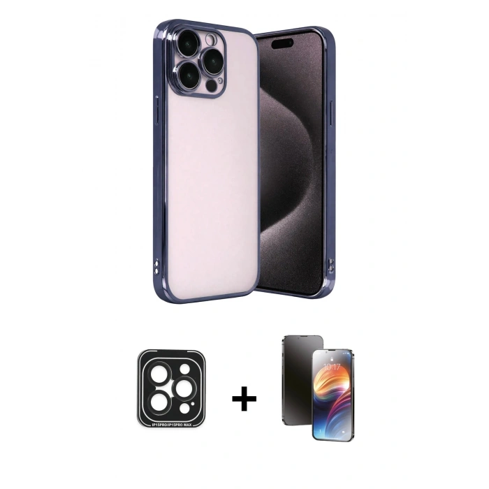 MARSİLYAN™- iPhone 15 Pro Max Kılıf Vadi Minimal - Siyah 3D Antistatik Mat Seramik Nano Ekran Koruyucu + PVD Metal Kamera Lens - SH