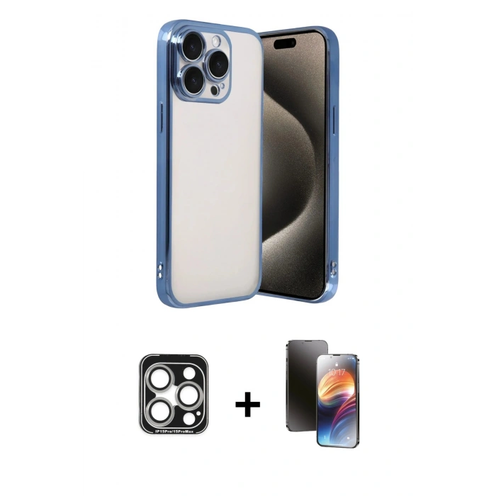 MARSİLYAN™- iPhone 15 Pro Max Kılıf Vadi Minimal - Siyah 3D Antistatik Mat Seramik Nano Ekran Koruyucu + PVD Metal Kamera Lens - GS