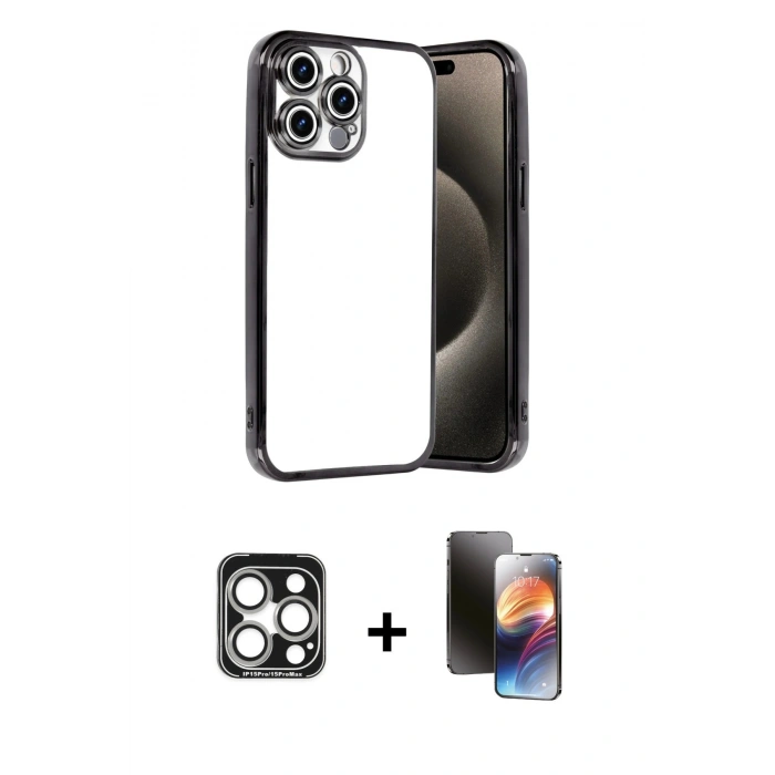 MARSİLYAN™- iPhone 15 Pro Max Kılıf Vadi Minimal - Siyah 3D Antistatik Mat Seramik Nano Ekran Koruyucu + PVD Metal Kamera Lens - GS