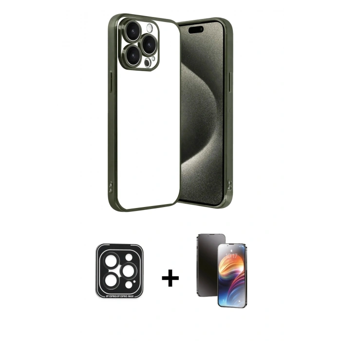 MARSİLYAN™- iPhone 15 Pro Max Kılıf Vadi Minimal - Siyah 3D Antistatik Mat Seramik Nano Ekran Koruyucu + PVD Metal Kamera Lens - SH