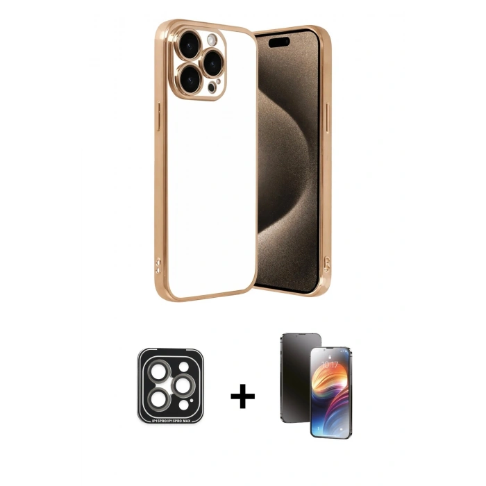 MARSİLYAN™- iPhone 15 Pro Max Kılıf Vadi Minimal - Siyah 3D Antistatik Mat Seramik Nano Ekran Koruyucu + PVD Metal Kamera Lens - GI