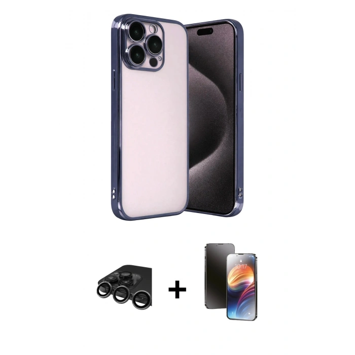 MARSİLYAN™- iPhone 15 Pro Max Kılıf Vadi Minimal - Siyah 3D Antistatik Mat Seramik Nano Ekran Koruyucu + Raze Metal Kamera Lens - TMGI
