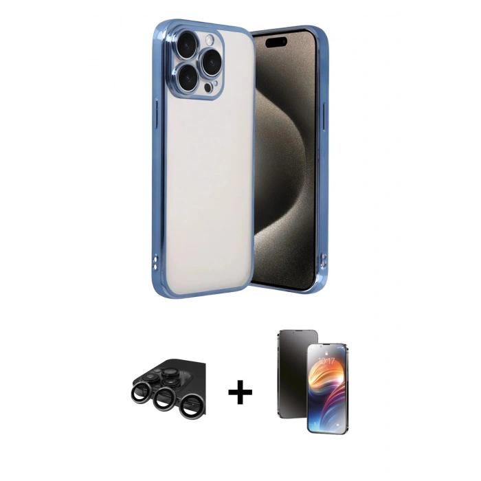 MARSİLYAN™- iPhone 15 Pro Max Kılıf Vadi Minimal - Siyah 3D Antistatik Mat Seramik Nano Ekran Koruyucu + Raze Metal Kamera Lens - TMGI