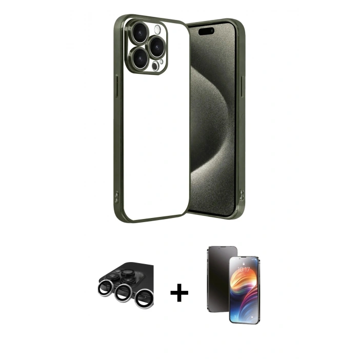MARSİLYAN™- iPhone 15 Pro Max Kılıf Vadi Minimal - Siyah 3D Antistatik Mat Seramik Nano Ekran Koruyucu + Raze Metal Kamera Lens - GS