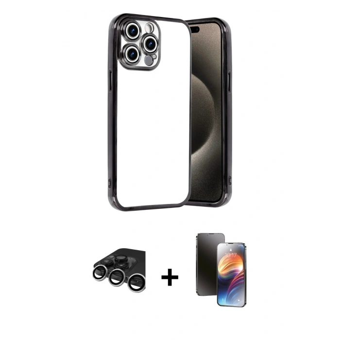 MARSİLYAN™- iPhone 15 Pro Max Kılıf Vadi Minimal - Siyah 3D Antistatik Mat Seramik Nano Ekran Koruyucu + Raze Metal Kamera Lens - GS