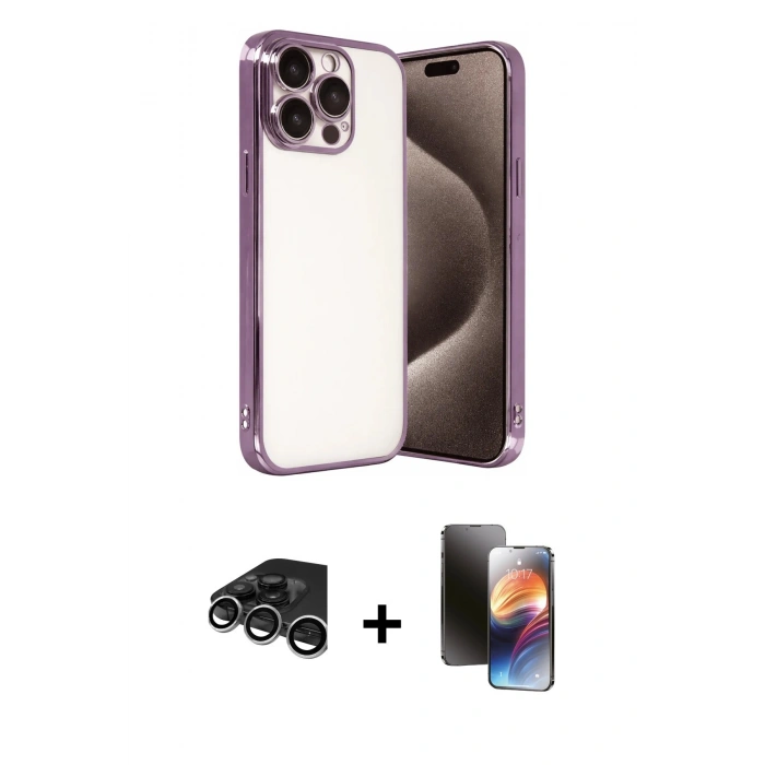 MARSİLYAN™- iPhone 15 Pro Max Kılıf Vadi Minimal - Siyah 3D Antistatik Mat Seramik Nano Ekran Koruyucu + Raze Metal Kamera Lens - GS