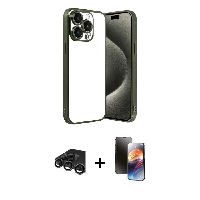 MARSİLYAN™- iPhone 15 Pro Max Kılıf Vadi Minimal - Siyah 3D Antistatik Mat Seramik Nano Ekran Koruyucu + Raze Metal Kamera Lens - TMGI