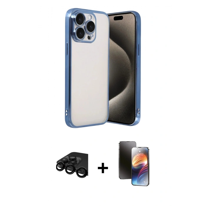 MARSİLYAN™- iPhone 15 Pro Max Kılıf Vadi Minimal - Siyah 3D Antistatik Mat Seramik Nano Ekran Koruyucu + Siyah Raze Metal Kamera Lens