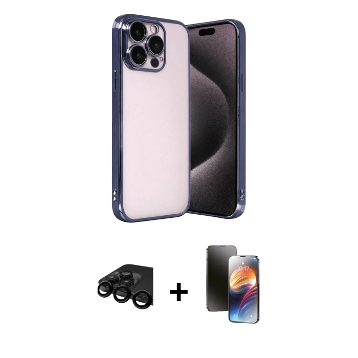 MARSİLYAN™- iPhone 15 Pro Max Kılıf Vadi Minimal - Siyah 3D Antistatik Mat Seramik Nano Ekran Koruyucu + Siyah Raze Metal Kamera Lens