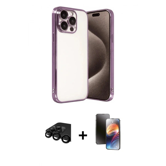 MARSİLYAN™- iPhone 15 Pro Max Kılıf Vadi Minimal - Siyah 3D Antistatik Mat Seramik Nano Ekran Koruyucu + Siyah Raze Metal Kamera Lens