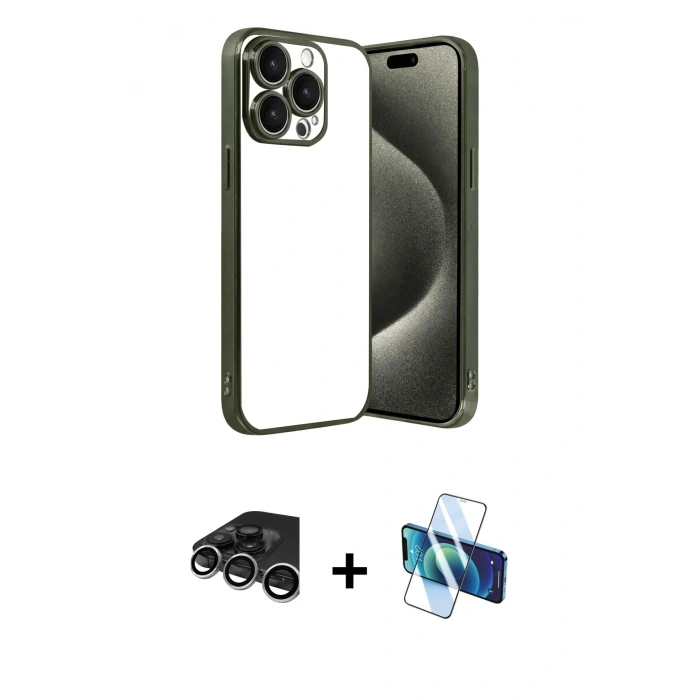 MARSİLYAN™- iPhone 15 Pro Max Kılıf Vadi Minimal - Siyah 3D Antistatik Seramik Nano Ekran Koruyucu + Raze Metal Kamera Lens - GS