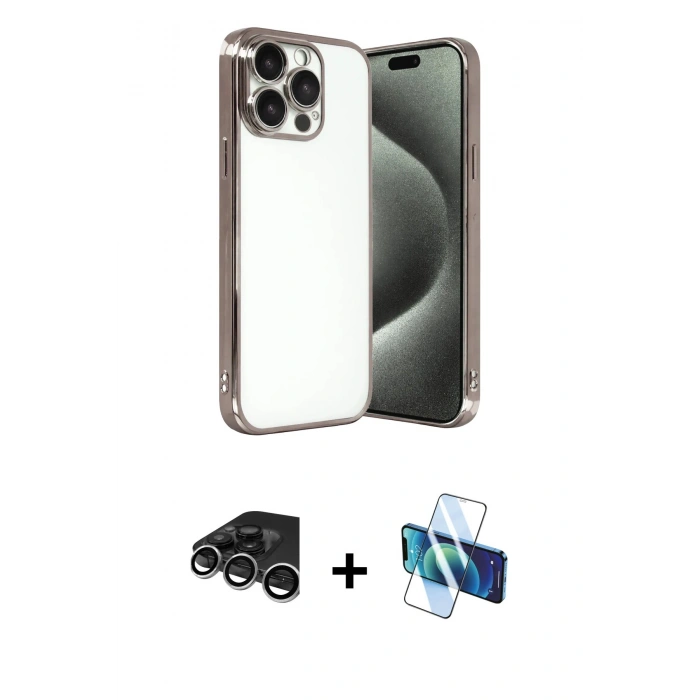 MARSİLYAN™- iPhone 15 Pro Max Kılıf Vadi Minimal - Siyah 3D Antistatik Seramik Nano Ekran Koruyucu + Raze Metal Kamera Lens - GS
