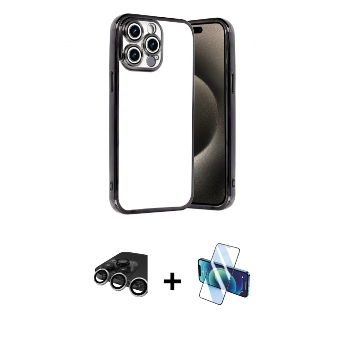 MARSİLYAN™- iPhone 15 Pro Max Kılıf Vadi Minimal - Siyah 3D Antistatik Seramik Nano Ekran Koruyucu + Raze Metal Kamera Lens - GS