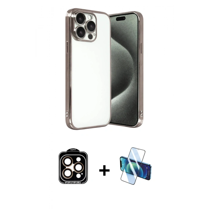 MARSİLYAN™- iPhone 15 Pro Max Kılıf Vadi Minimal - Siyah 3D Antistatik Seramik Nano Ekran Koruyucu + PVD Metal Kamera Lens - TU