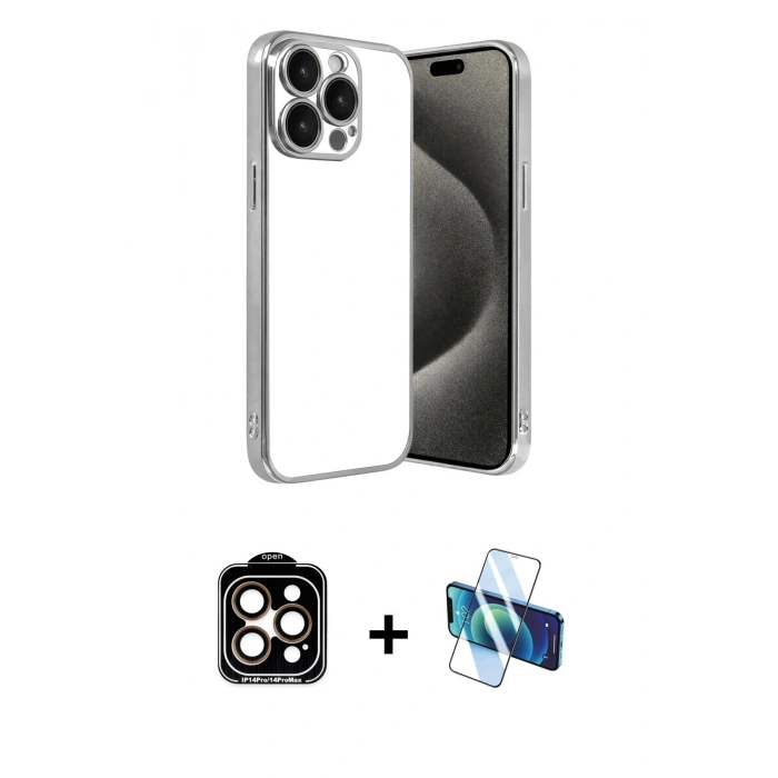 MARSİLYAN™- iPhone 15 Pro Max Kılıf Vadi Minimal - Siyah 3D Antistatik Seramik Nano Ekran Koruyucu + PVD Metal Kamera Lens - TU