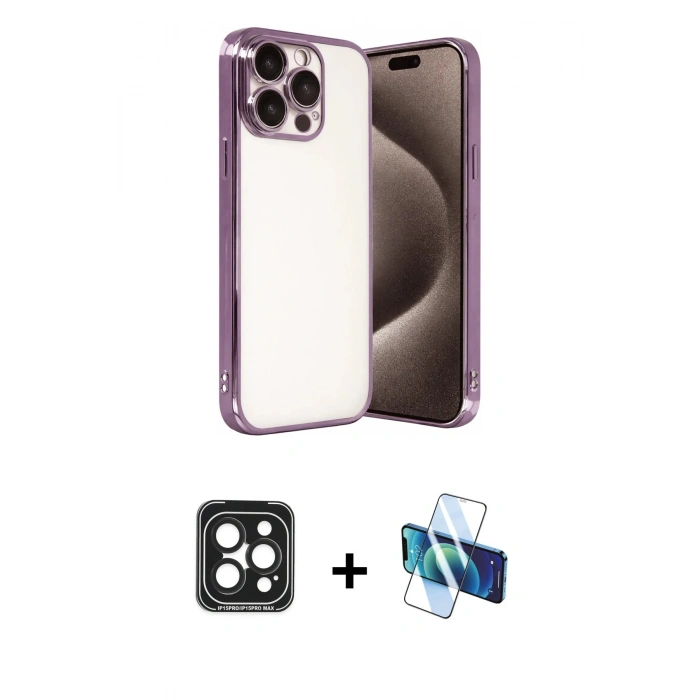 MARSİLYAN™- iPhone 15 Pro Max Kılıf Vadi Minimal - Siyah 3D Antistatik Seramik Nano Ekran Koruyucu + PVD Metal Kamera Lens - SH