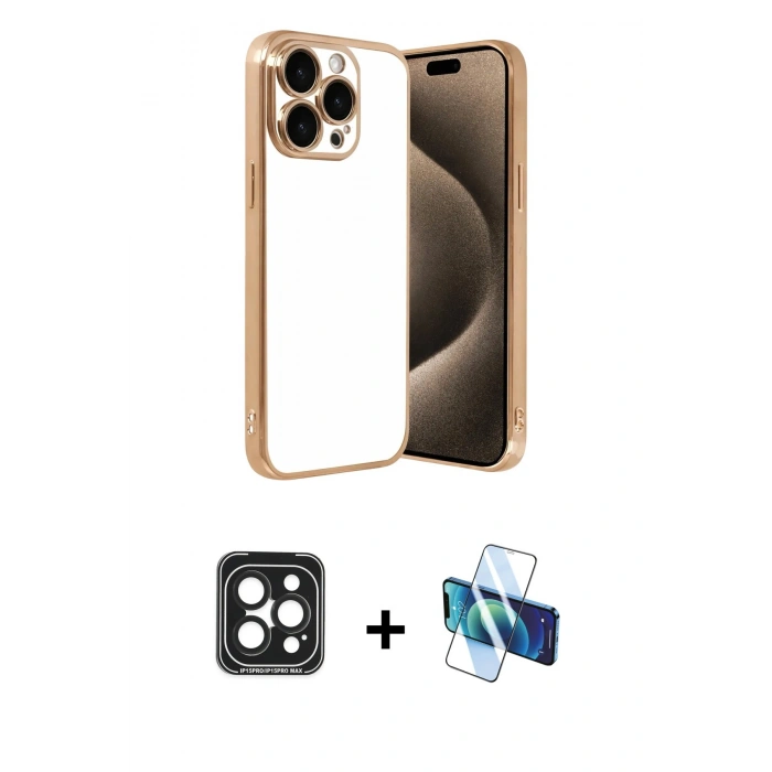 MARSİLYAN™- iPhone 15 Pro Max Kılıf Vadi Minimal - Siyah 3D Antistatik Seramik Nano Ekran Koruyucu + PVD Metal Kamera Lens - SH