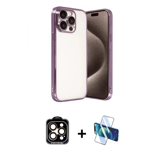 MARSİLYAN™- iPhone 15 Pro Max Kılıf Vadi Minimal - Siyah 3D Antistatik Seramik Nano Ekran Koruyucu + PVD Metal Kamera Lens - TU
