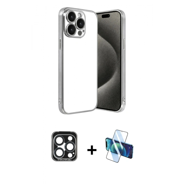 MARSİLYAN™- iPhone 15 Pro Max Kılıf Vadi Minimal - Siyah 3D Antistatik Seramik Nano Ekran Koruyucu + PVD Metal Kamera Lens - LT