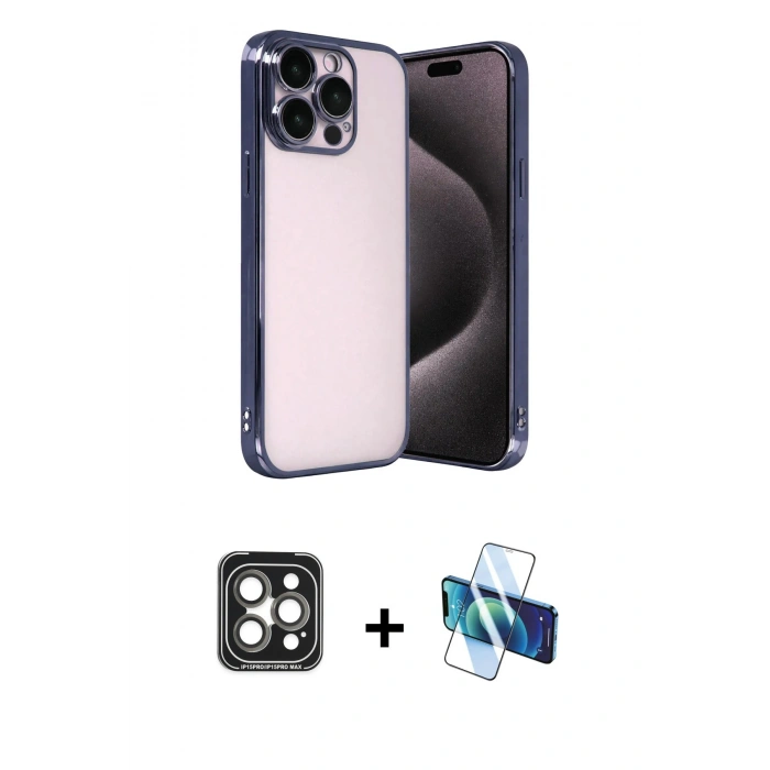MARSİLYAN™- iPhone 15 Pro Max Kılıf Vadi Minimal - Siyah 3D Antistatik Seramik Nano Ekran Koruyucu + PVD Metal Kamera Lens - GI