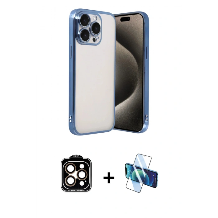 MARSİLYAN™- iPhone 15 Pro Max Kılıf Vadi Minimal - Siyah 3D Antistatik Seramik Nano Ekran Koruyucu + PVD Metal Kamera Lens - TU