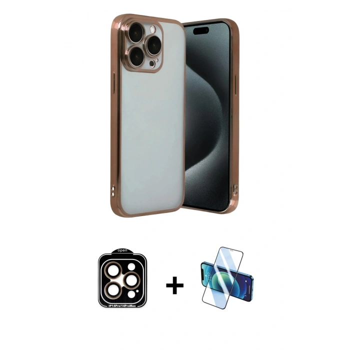 MARSİLYAN™- iPhone 15 Pro Max Kılıf Vadi Minimal - Siyah 3D Antistatik Seramik Nano Ekran Koruyucu + PVD Metal Kamera Lens - TU
