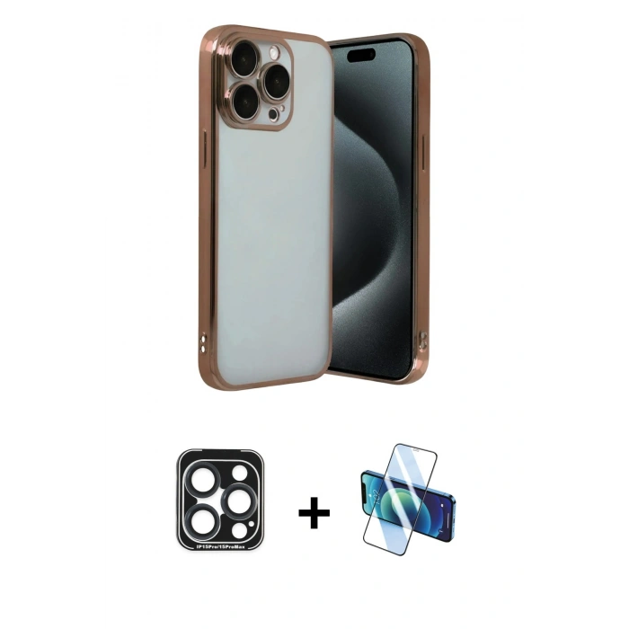 MARSİLYAN™- iPhone 15 Pro Max Kılıf Vadi Minimal - Siyah 3D Antistatik Seramik Nano Ekran Koruyucu + PVD Metal Kamera Lens - LT