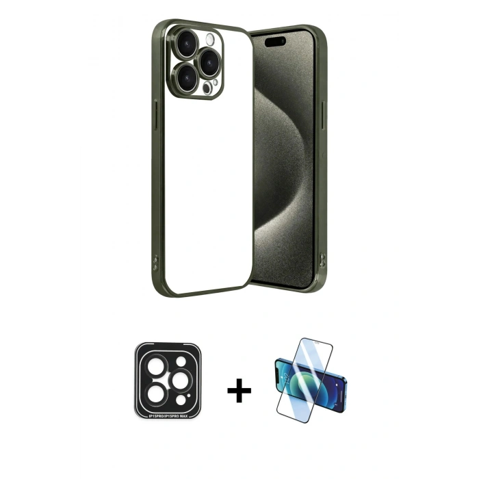 MARSİLYAN™- iPhone 15 Pro Max Kılıf Vadi Minimal - Siyah 3D Antistatik Seramik Nano Ekran Koruyucu + PVD Metal Kamera Lens - SH
