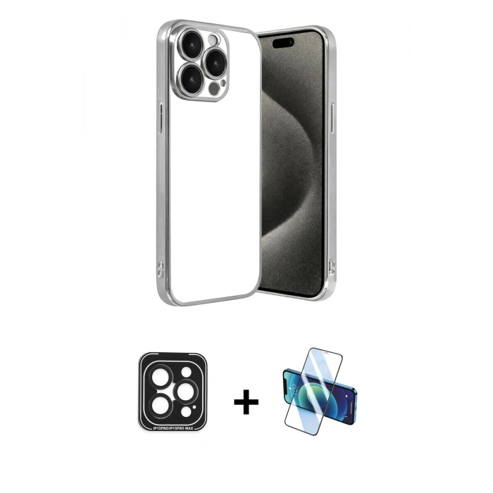 MARSİLYAN™- iPhone 15 Pro Max Kılıf Vadi Minimal - Siyah 3D Antistatik Seramik Nano Ekran Koruyucu + PVD Metal Kamera Lens - SH