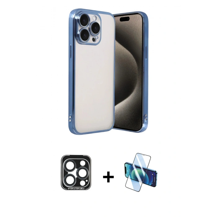 MARSİLYAN™- iPhone 15 Pro Max Kılıf Vadi Minimal - Siyah 3D Antistatik Seramik Nano Ekran Koruyucu + PVD Metal Kamera Lens - LT