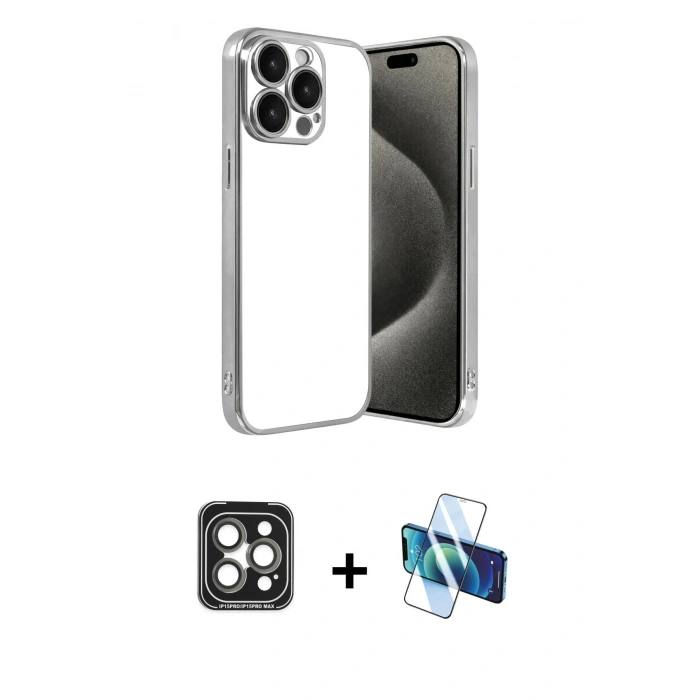 MARSİLYAN™- iPhone 15 Pro Max Kılıf Vadi Minimal - Siyah 3D Antistatik Seramik Nano Ekran Koruyucu + PVD Metal Kamera Lens - GI