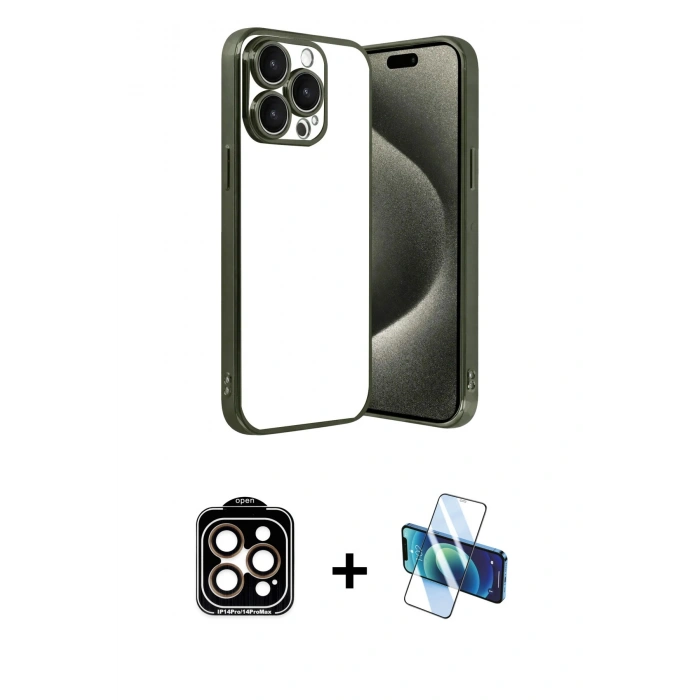 MARSİLYAN™- iPhone 15 Pro Max Kılıf Vadi Minimal - Siyah 3D Antistatik Seramik Nano Ekran Koruyucu + PVD Metal Kamera Lens - TU