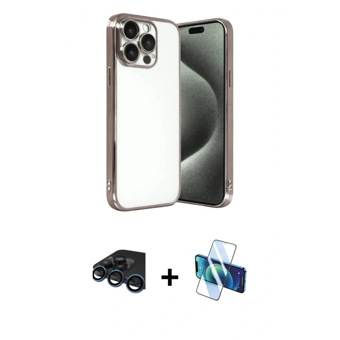 MARSİLYAN™- iPhone 15 Pro Max Kılıf Vadi Minimal - Siyah 3D Antistatik Seramik Nano Ekran Koruyucu + Raze Metal Kamera Lens - LT