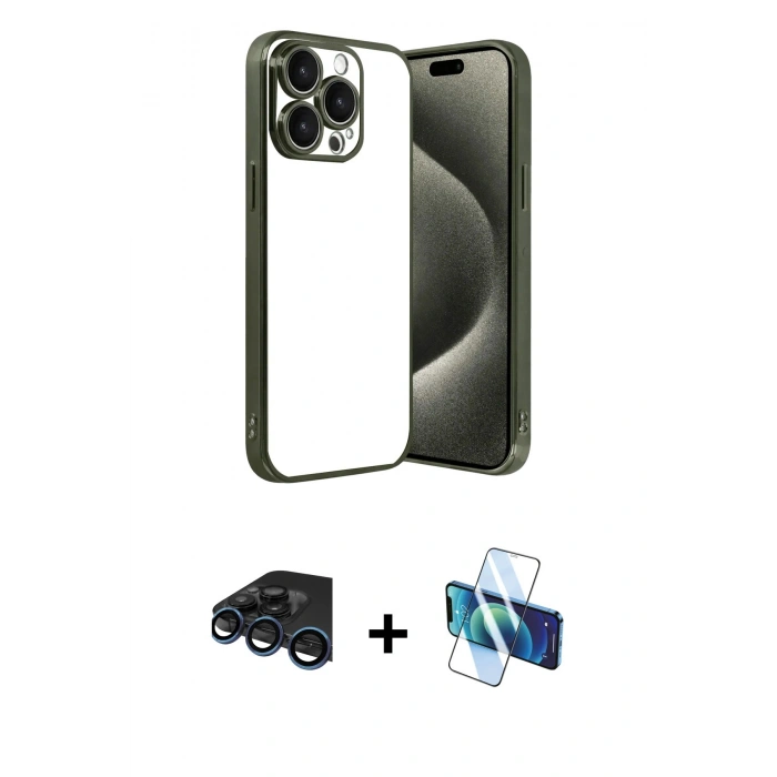 MARSİLYAN™- iPhone 15 Pro Max Kılıf Vadi Minimal - Siyah 3D Antistatik Seramik Nano Ekran Koruyucu + Raze Metal Kamera Lens - LT