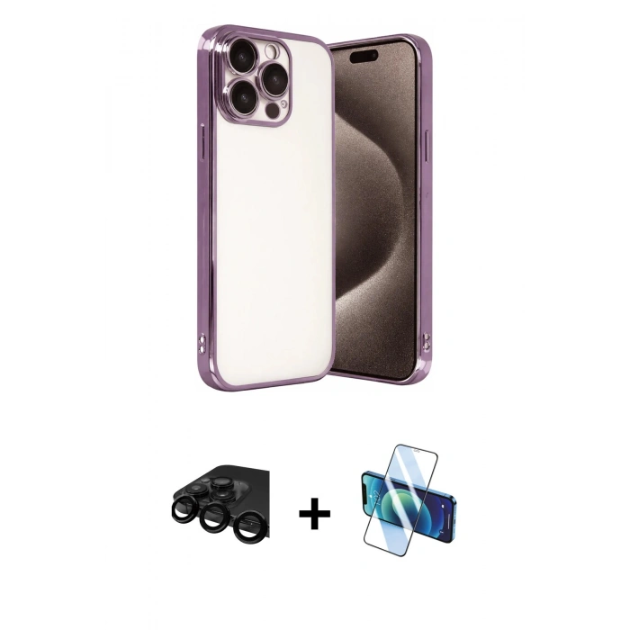 MARSİLYAN™- iPhone 15 Pro Max Kılıf Vadi Minimal - Siyah 3D Antistatik Seramik Nano Ekran Koruyucu + Raze Metal Kamera Lens - SH