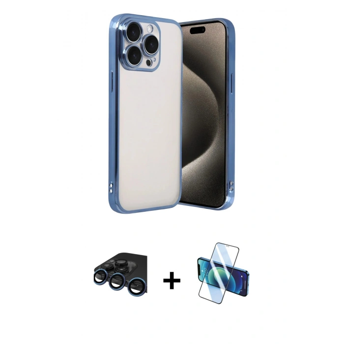 MARSİLYAN™- iPhone 15 Pro Max Kılıf Vadi Minimal - Siyah 3D Antistatik Seramik Nano Ekran Koruyucu + Raze Metal Kamera Lens - LT