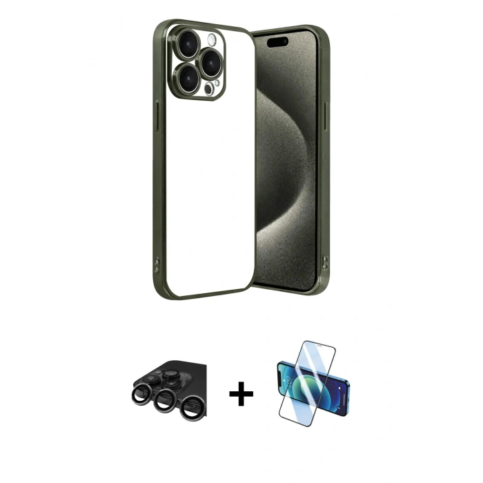 MARSİLYAN™- iPhone 15 Pro Max Kılıf Vadi Minimal - Siyah 3D Antistatik Seramik Nano Ekran Koruyucu + Raze Metal Kamera Lens - TMGI