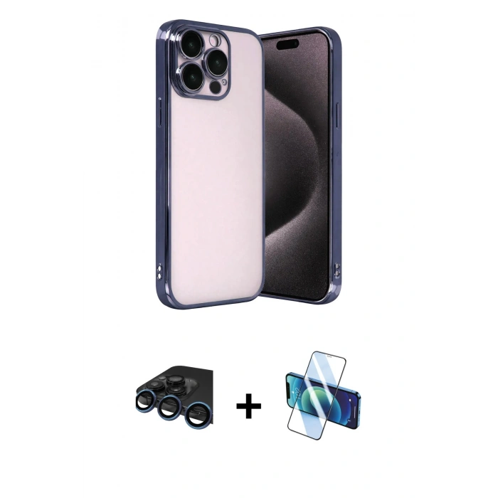 MARSİLYAN™- iPhone 15 Pro Max Kılıf Vadi Minimal - Siyah 3D Antistatik Seramik Nano Ekran Koruyucu + Raze Metal Kamera Lens - LT