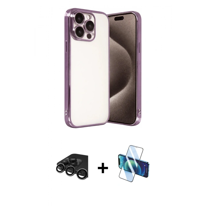 MARSİLYAN™- iPhone 15 Pro Max Kılıf Vadi Minimal - Siyah 3D Antistatik Seramik Nano Ekran Koruyucu + Raze Metal Kamera Lens - TMGI