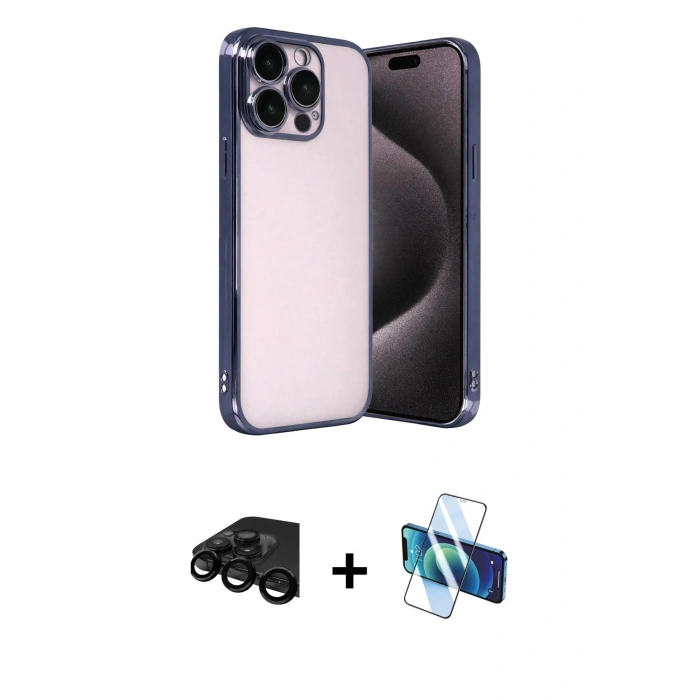 MARSİLYAN™- iPhone 15 Pro Max Kılıf Vadi Minimal - Siyah 3D Antistatik Seramik Nano Ekran Koruyucu + Raze Metal Kamera Lens - SH