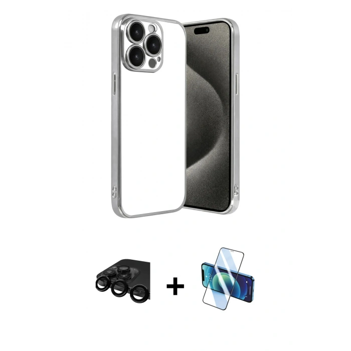 MARSİLYAN™- iPhone 15 Pro Max Kılıf Vadi Minimal - Siyah 3D Antistatik Seramik Nano Ekran Koruyucu + Raze Metal Kamera Lens - SH