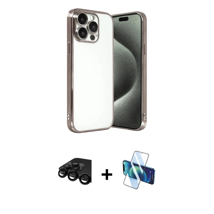 MARSİLYAN™- iPhone 15 Pro Max Kılıf Vadi Minimal - Siyah 3D Antistatik Seramik Nano Ekran Koruyucu + Raze Metal Kamera Lens - SH