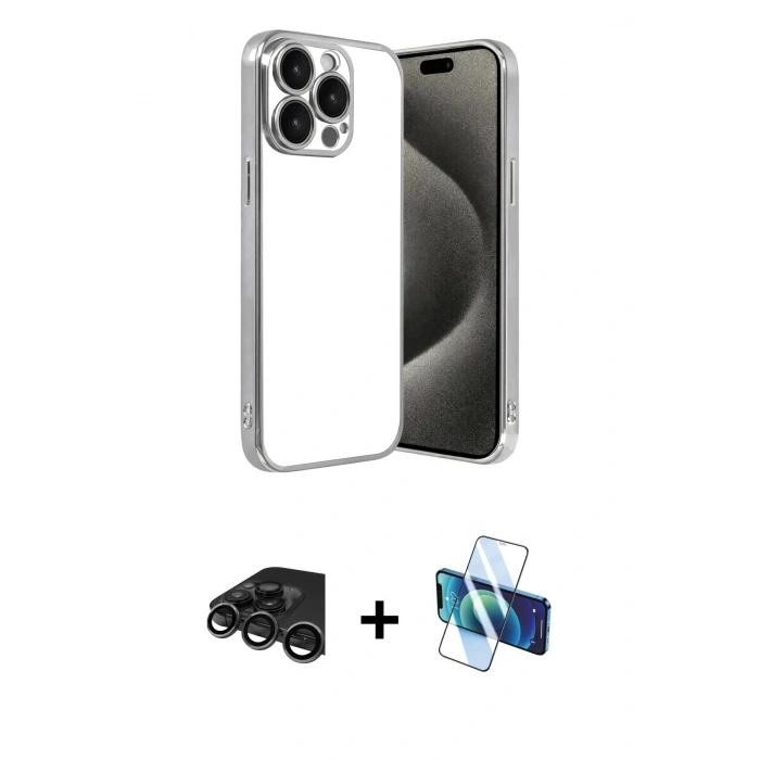 MARSİLYAN™- iPhone 15 Pro Max Kılıf Vadi Minimal - Siyah 3D Antistatik Seramik Nano Ekran Koruyucu + Raze Metal Kamera Lens - TMGI