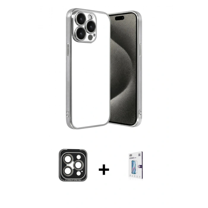 MARSİLYAN™- iPhone 15 Pro Max Kılıf Vadi Minimal - Siyah Bilvis 0.18mm Plus Cam Ekran Koruyucu + PVD Metal Kamera Lens - GI